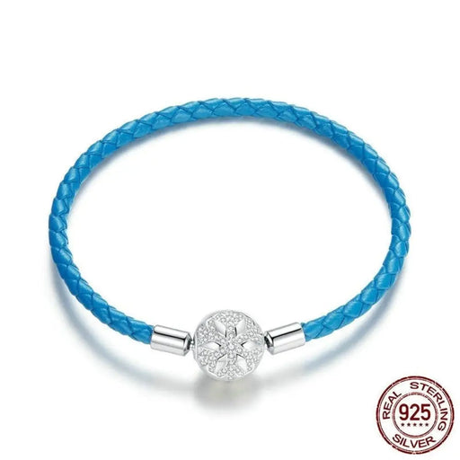Leather 925 Sterling Silver Snowflke Clip With Blue Charm