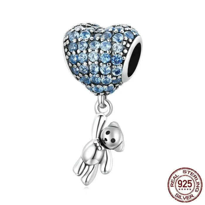 Luxury Silver Rainbow Heart Blue Crystal Balloon Bear Charm