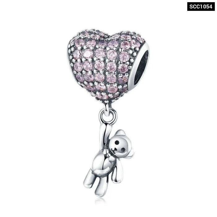 Luxury Silver Rainbow Heart Blue Crystal Balloon Bear Charm