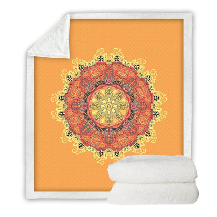 Mandala Sherpa Fleece Blanket Yellow Orange Soft Blankets