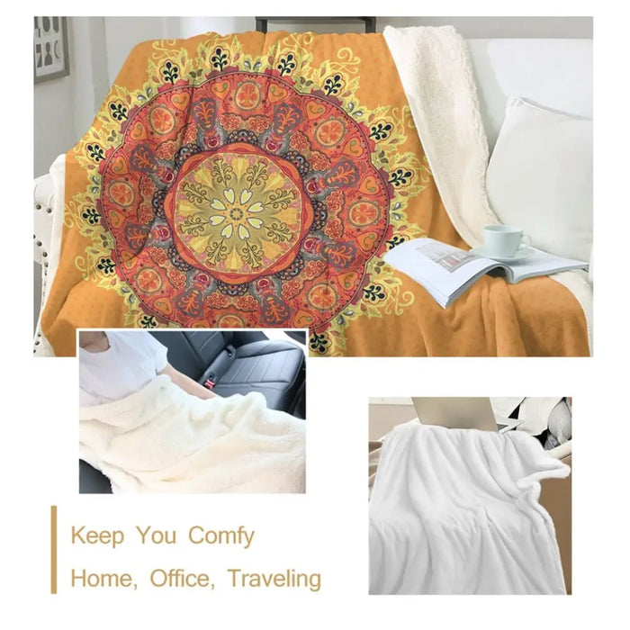 Mandala Sherpa Fleece Blanket Yellow Orange Soft Blankets