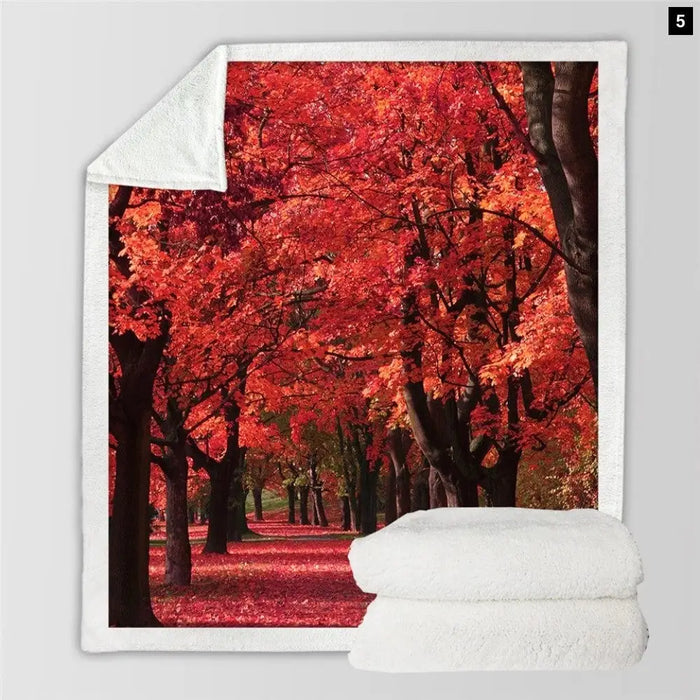 Red Maple Tree Furry Blanket Oil Painting Plush Bedspread