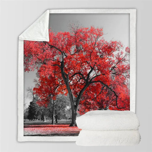 Red Maple Tree Furry Blanket Oil Painting Plush Bedspread