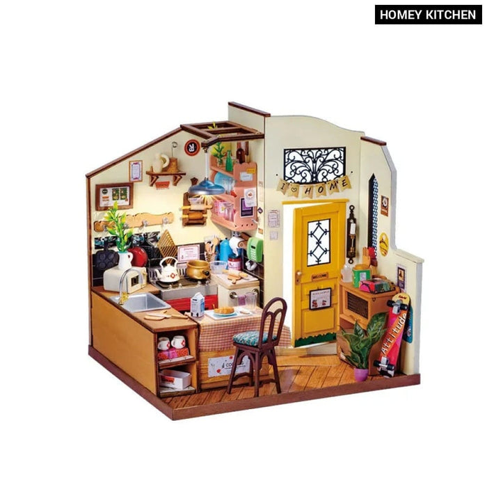 Miniature House For Kids Adult Homey Kitchen Pre-Painted Dollhouse Building Blocks Set 3D Wooden Puzzle Toys