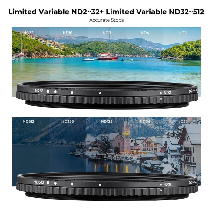 NANO-X Variable ND Filter Kit 2Pcs ND2-32&ND32-512 Adjustable Neutral Density 49-82mm DSLR Camera Lens Filters Set