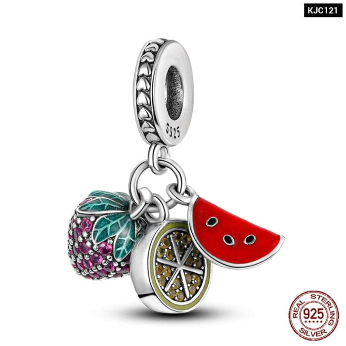 Fit Pandora 925 Original Bracelets Avocado Cherry Watermelon Banana Fruit Silver Charms Beads DIY Jewelrys