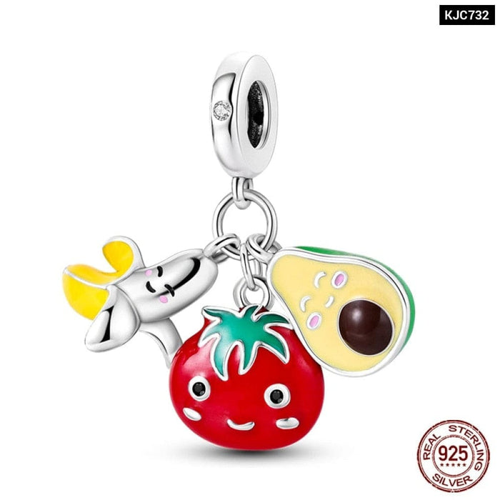 Fit Pandora 925 Original Bracelets Avocado Cherry Watermelon Banana Fruit Silver Charms Beads DIY Jewelrys