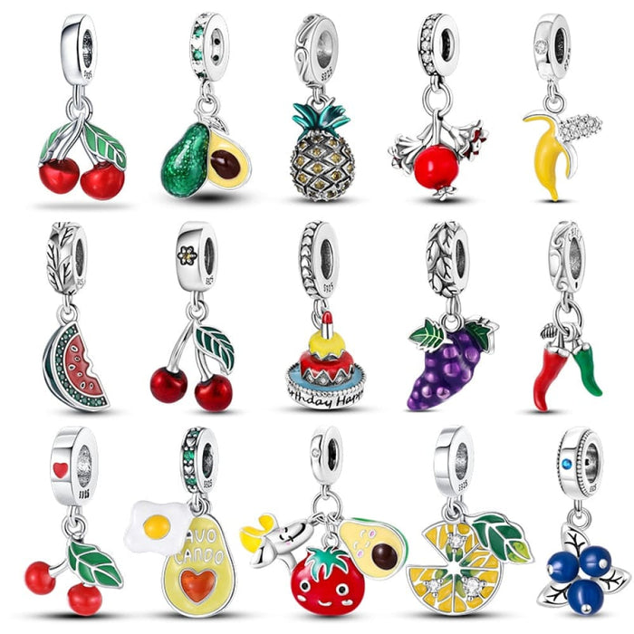 Fit Pandora 925 Original Bracelets Avocado Cherry Watermelon Banana Fruit Silver Charms Beads DIY Jewelrys