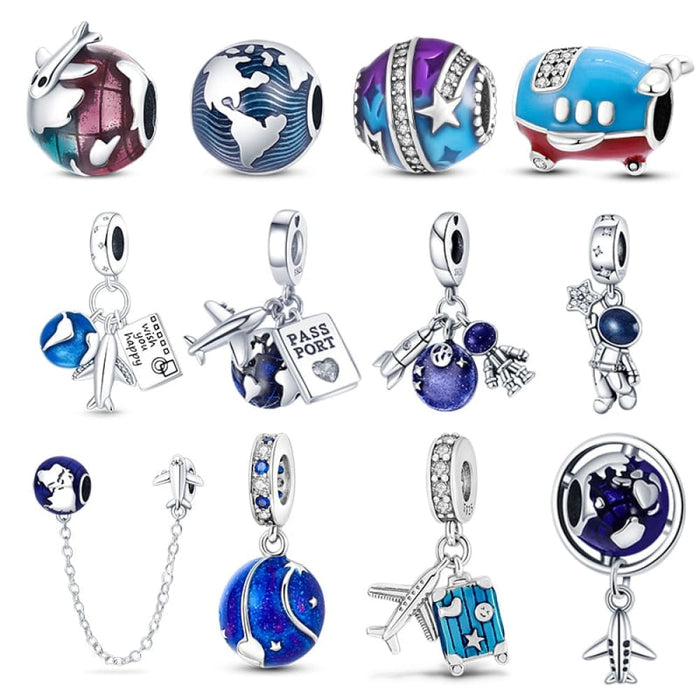 Fit Pandora 925 Original Bracelets 925 Silver Blue Astronaut Aircraft Travel Charms Beads Pendants For Women DIY Jewelry
