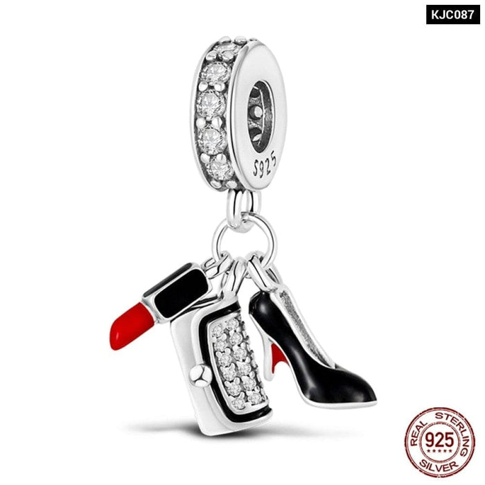 Fit Pandora 925 Original Bracelets 925 Sterling Silver Lipstick High-heeled Shoes Charms Beads Fine Anniversary Jewelry