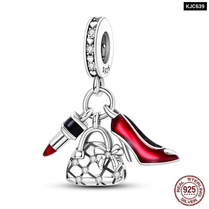 Fit Pandora 925 Original Bracelets 925 Sterling Silver Lipstick High-heeled Shoes Charms Beads Fine Anniversary Jewelry