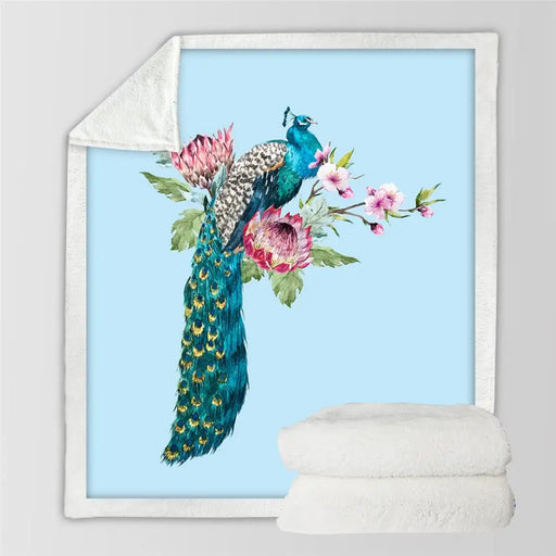 Peacock Bird Blankets For Bed Blooming Sakura Flower Plush