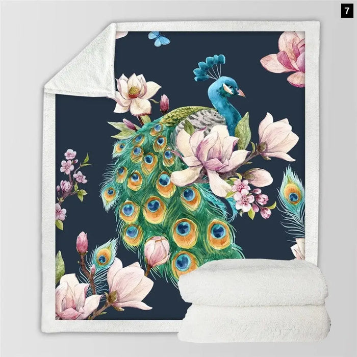 Peacock Bird Blankets For Bed Blooming Sakura Flower Plush