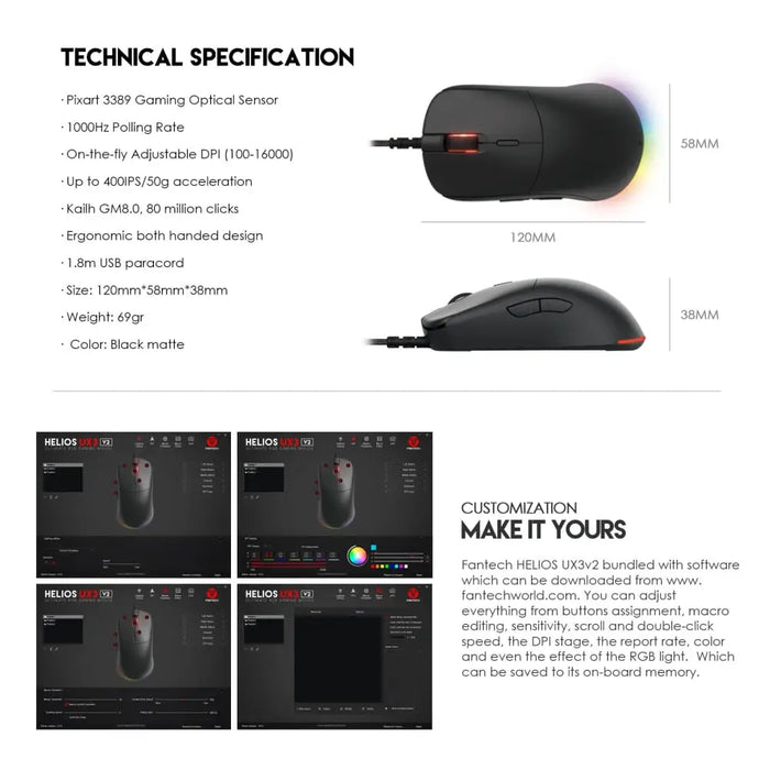 Ux3-v2 Profession Gaming Mouse Pixart 3389 16000dpi 1000hz