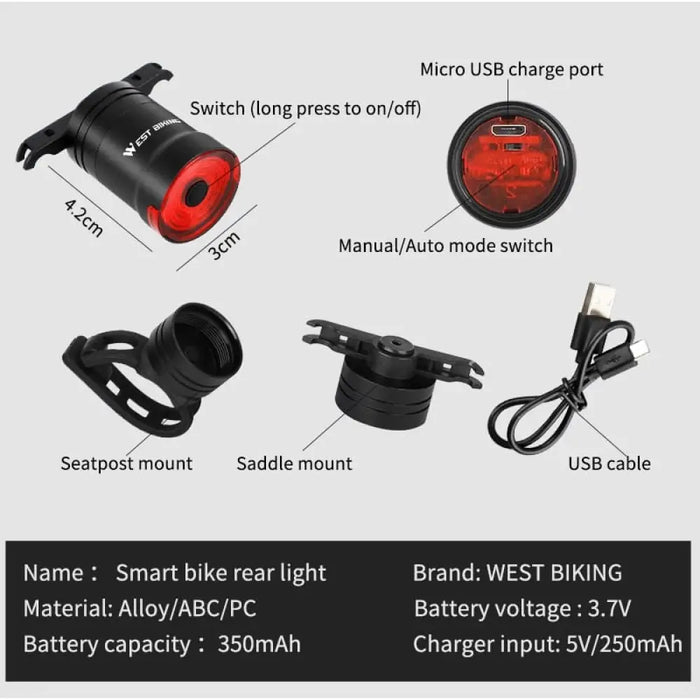 Usb Rechargeable Brake Sensing Smart Bicycle Taillight