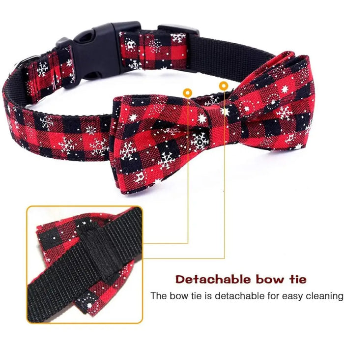 Removable Christmas Snowflake Plaid Bow Tie Collar For Small