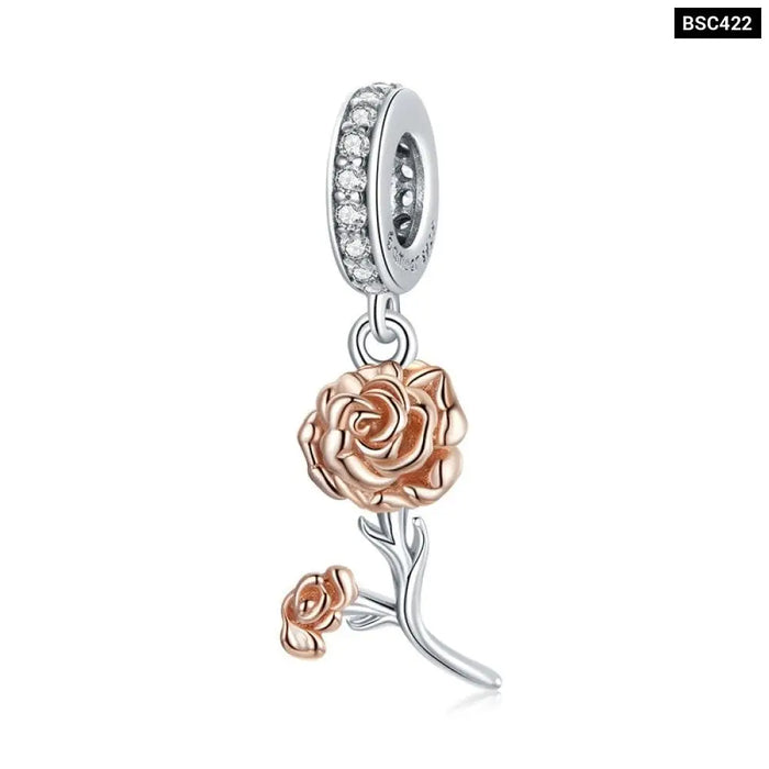 3d Rose Flower Pendant Charm 925 Sterling Silver Gold