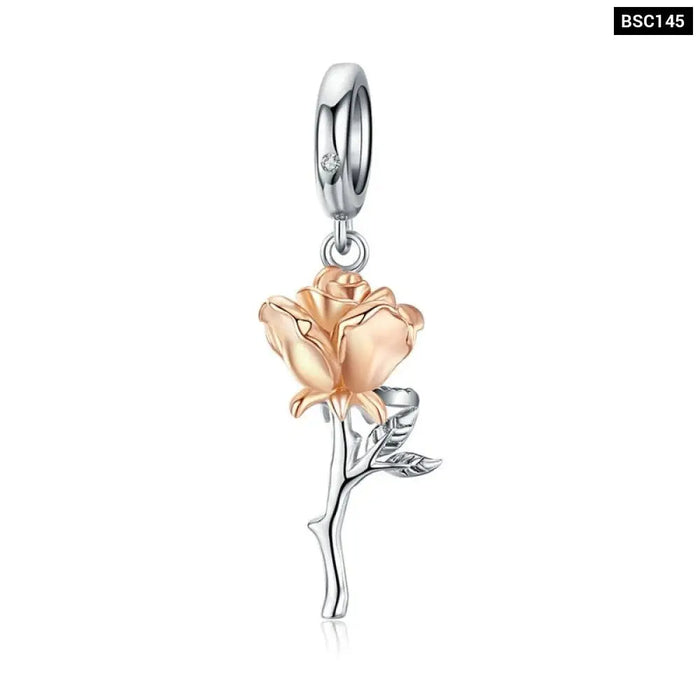 3d Rose Flower Pendant Charm 925 Sterling Silver Gold