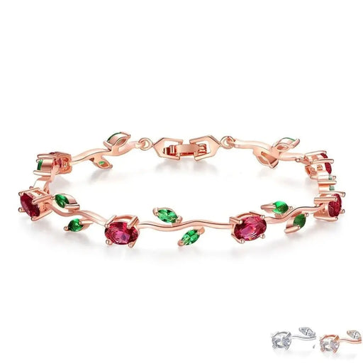 Rose Gold Colour Leaf Chain & Link Bracelet With Red + Green