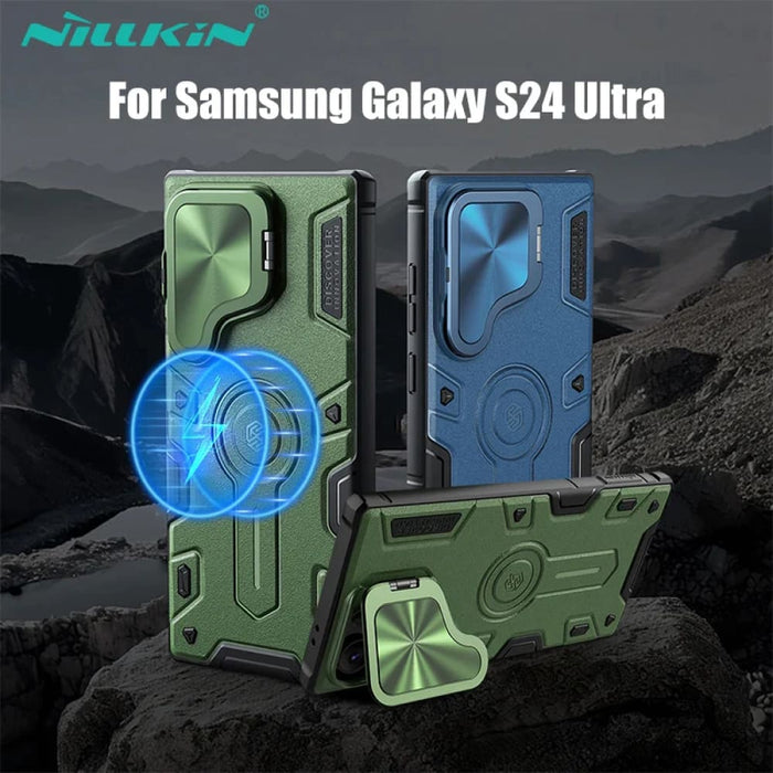 For Samsung Galaxy S24 Ultra Camshield Armor Prop Flip Lens Bracket Case With Kickstand