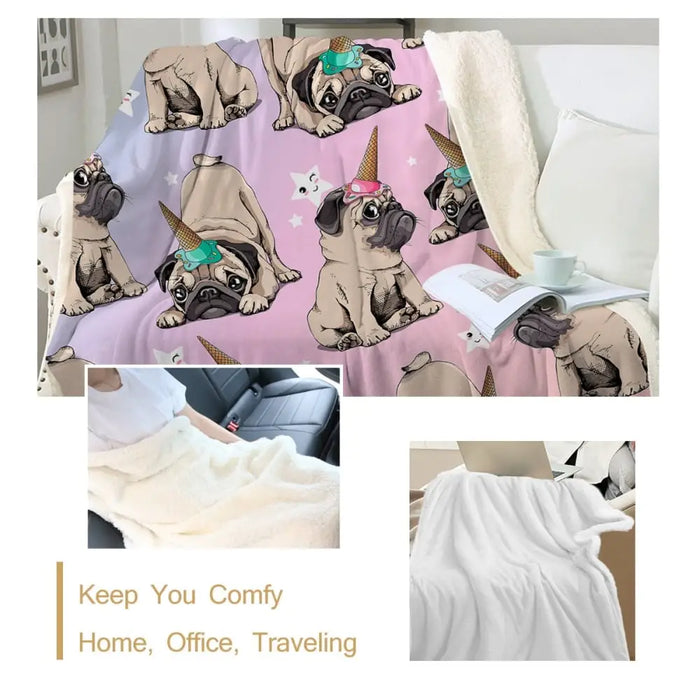 Pug Sherpa Blanket On Bed Animal Cartoon Dog Plush Throw