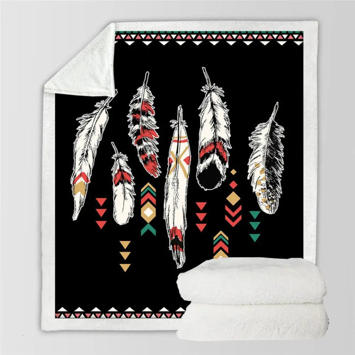 Sherpa Fleece Blanket Bohemian Throw Black Ethnic Feathers