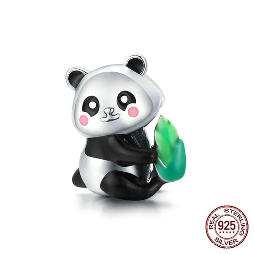 Silver Animal Cute Panda Cub With Bamboo 925 Sterling Charm