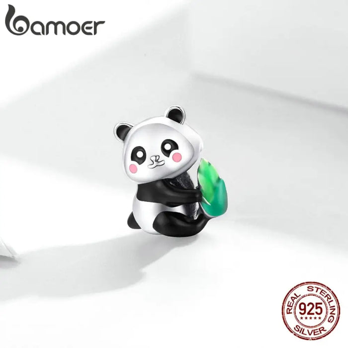 Silver Animal Cute Panda Cub With Bamboo 925 Sterling Charm