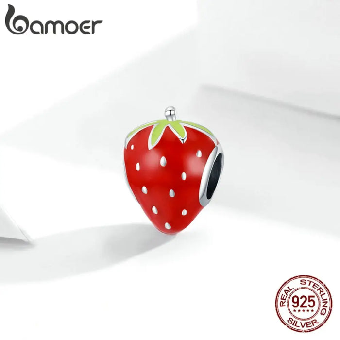 Silver Lovely Strawberry Sweet Fruit Red Enamel 925 Sterling