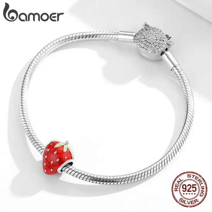 Silver Lovely Strawberry Sweet Fruit Red Enamel 925 Sterling