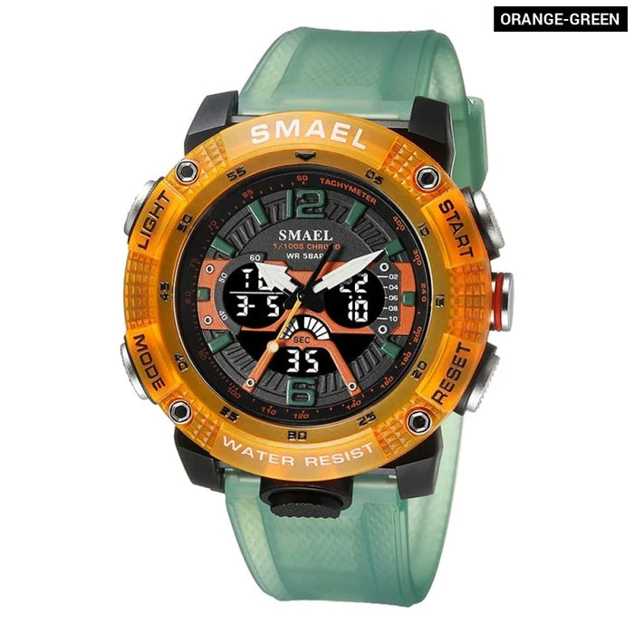 Men Sport Waterproof Digital Led Display Quartz Analog Watch Green Orange 8058