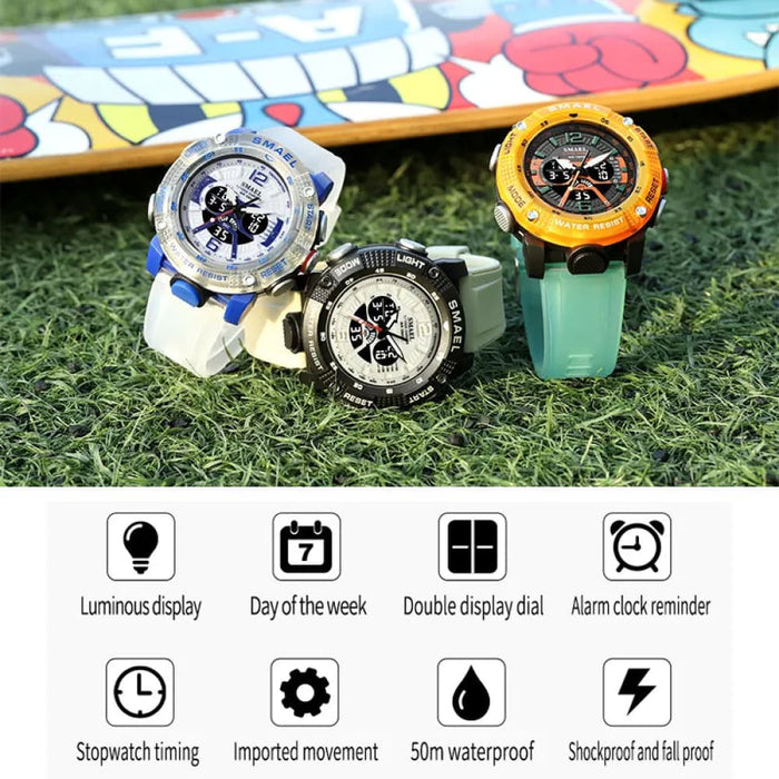 Men Sport Waterproof Digital Led Display Quartz Analog Watch Green Orange 8058