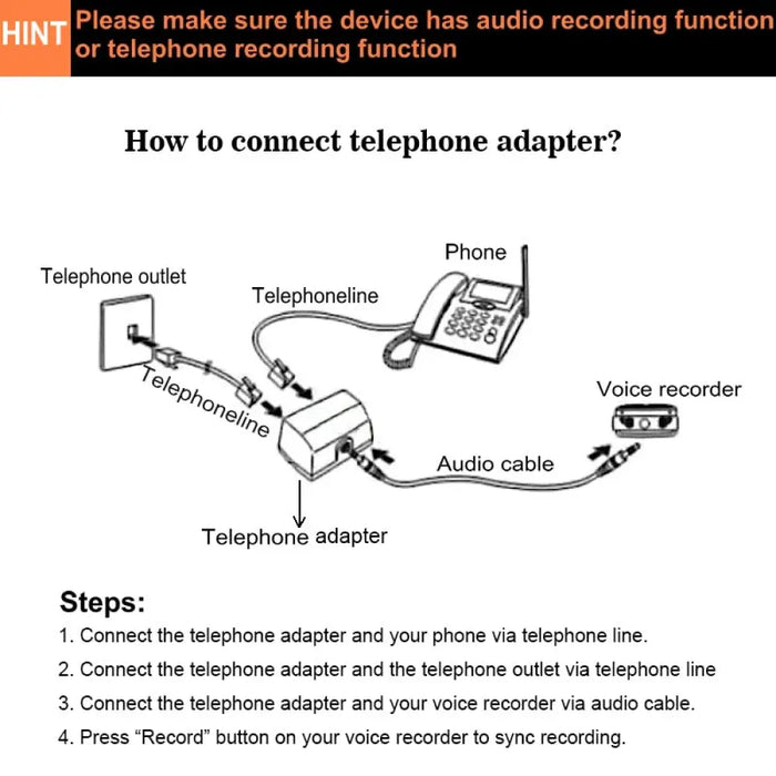 Telephone Adapter For Digital Voice Recorder Line-in Cable