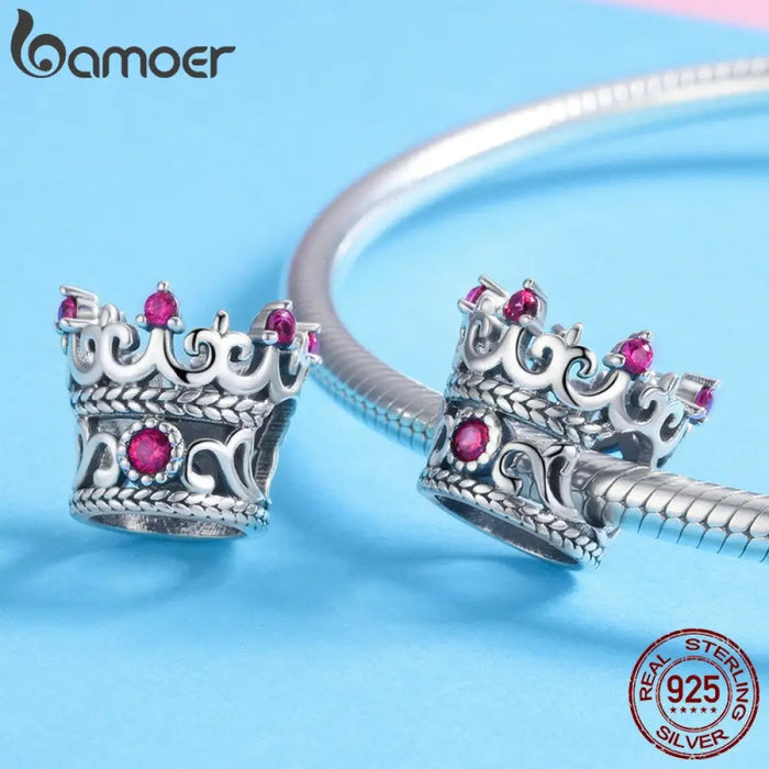 Trendy 925 Sterling Silver Queen Crown Pink Cz Crystal Charm