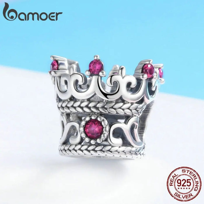 Trendy 925 Sterling Silver Queen Crown Pink Cz Crystal Charm