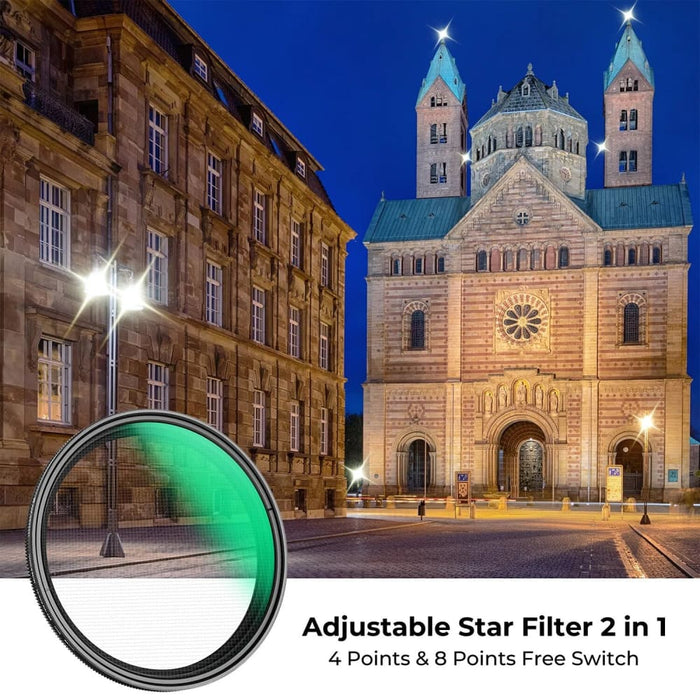 Variable 4-8 Star Filter 49-82mm Night Shooting Adjustable Camera Lens Super Slim With 3Pack Cleaning Cloth