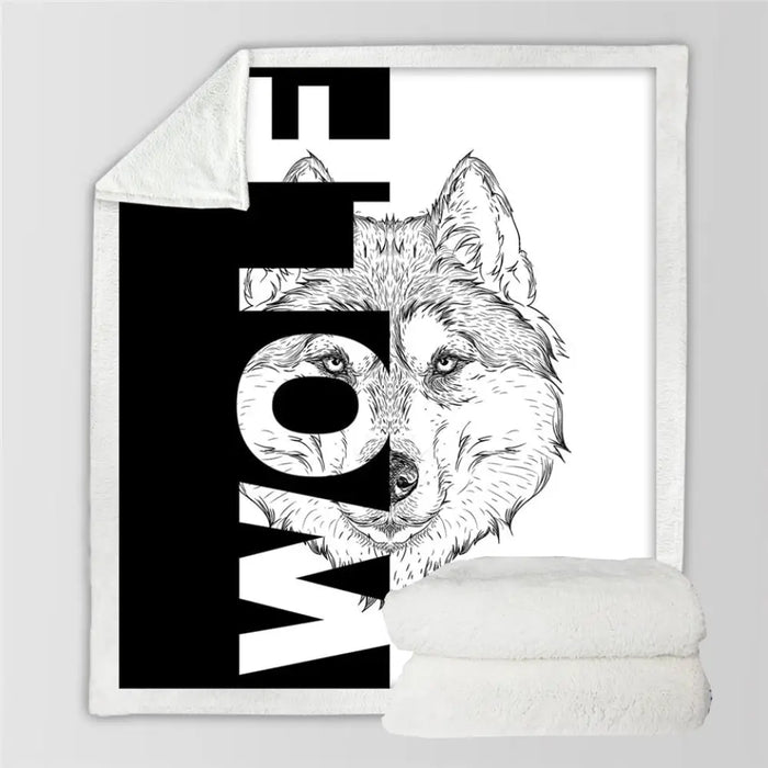 Wolf Soft Fluffy Blanket Letters Cool Throw Black White