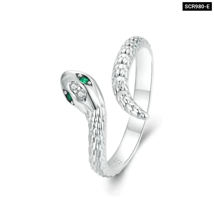 Womens 925 Sterling Silver Adjustable Snake Ring Platinum Plated Green Zircon Retro Textures Snake Ring Fashion Jewellery