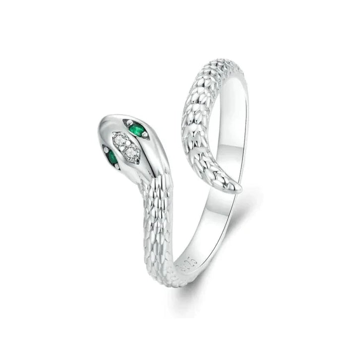 Womens 925 Sterling Silver Adjustable Snake Ring Platinum Plated Green Zircon Retro Textures Snake Ring Fashion Jewellery