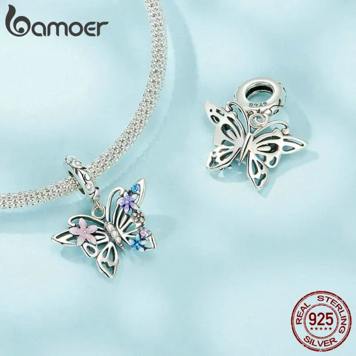 Womens 925 Sterling Silver Animal Pendant Beads, Butterfly Enamel Process Charms Compatible With 'S Bracelet Necklace