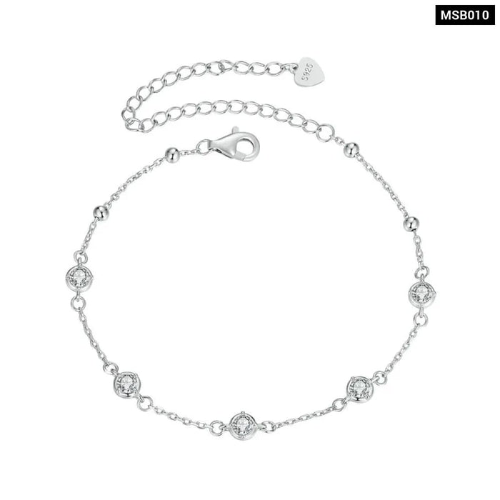 Womens 925 Sterling Silver Bezel Setting Starry Moissanite Bracelet Round Beads Chain Link Anniversary Jewellery Gift
