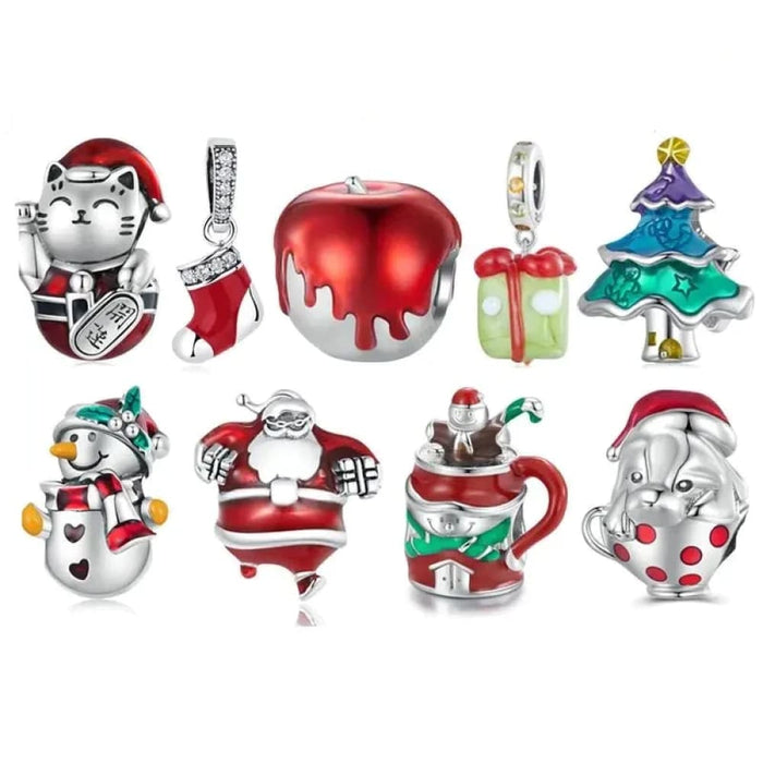 Womens 925 Sterling Silver Christmas Collection Santa Claus Charm Apple Beads Bracelet & Bangle Diy Christmas Gift