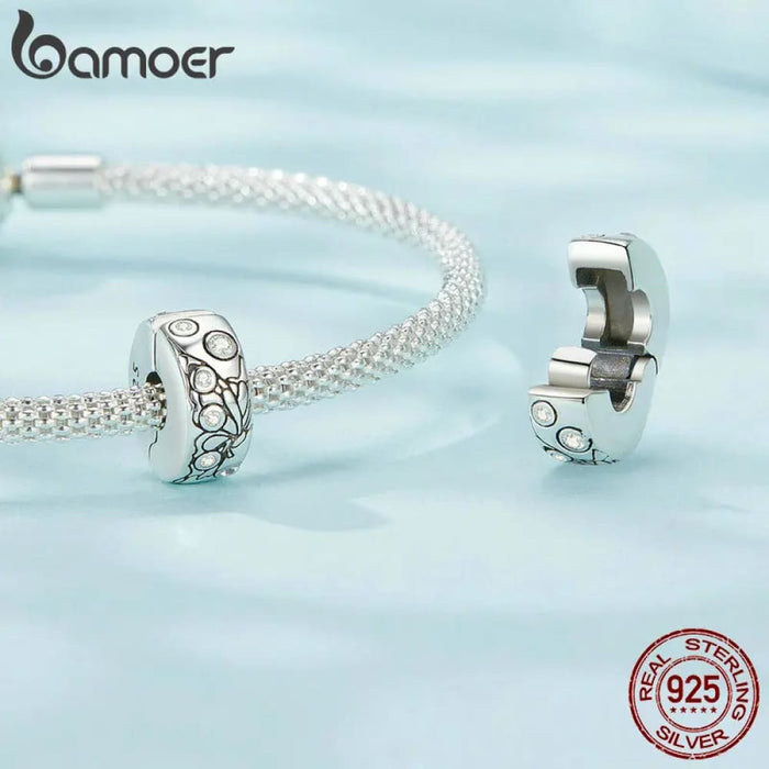 Womens 925 Sterling Silver Clip Spacer Charm Bracelet Pave Cubic Zirconia Clip Lock Spacer Stopper Butterfly Charm Bead