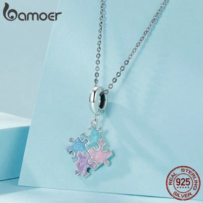 Womens 925 Sterling Silver Colourful Jigsaw Puzzle Pendant Charms Bracelet & Necklace Diy Fine Jewellery Accessories