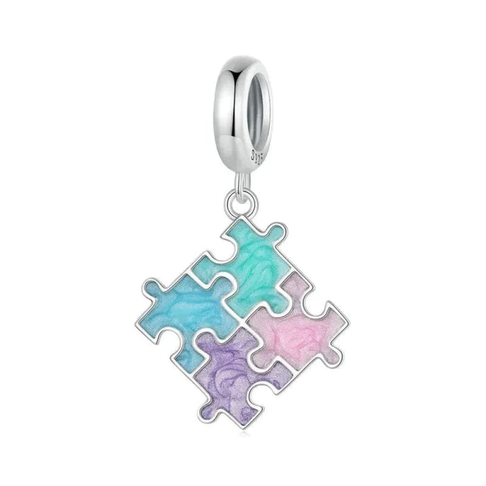 Womens 925 Sterling Silver Colourful Jigsaw Puzzle Pendant Charms Bracelet & Necklace Diy Fine Jewellery Accessories