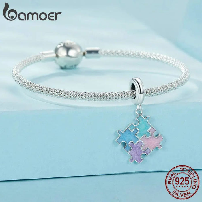 Womens 925 Sterling Silver Colourful Jigsaw Puzzle Pendant Charms Bracelet & Necklace Diy Fine Jewellery Accessories