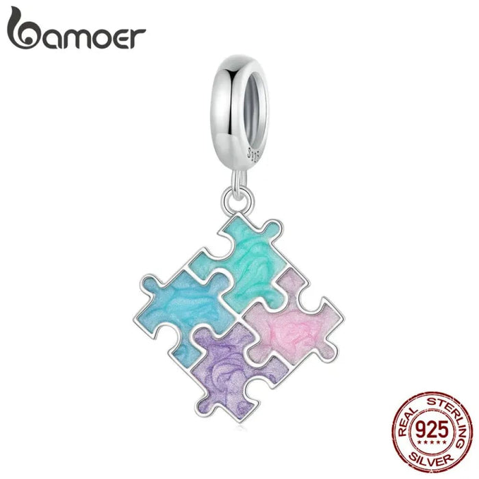 Womens 925 Sterling Silver Colourful Jigsaw Puzzle Pendant Charms Bracelet & Necklace Diy Fine Jewellery Accessories