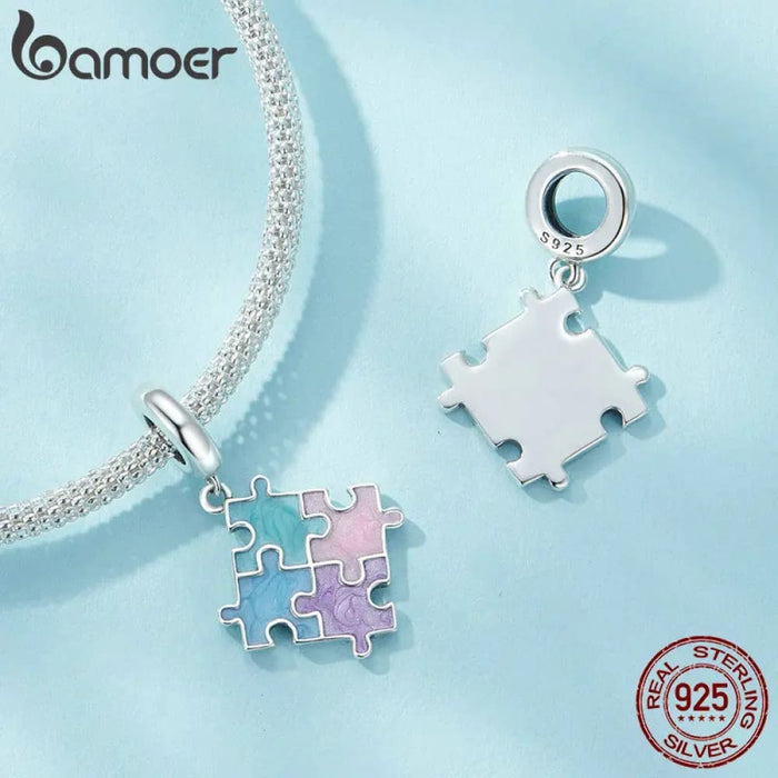 Womens 925 Sterling Silver Colourful Jigsaw Puzzle Pendant Charms Bracelet & Necklace Diy Fine Jewellery Accessories