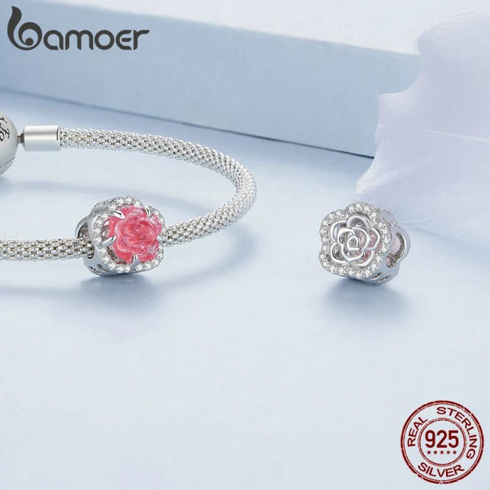 Womens 925 Sterling Silver Crystal Rose Charm Ultraviolet Colour Change Flower Bead Bracelet Necklace Diy Jewellery Gift