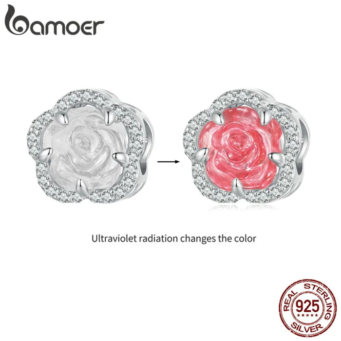 Womens 925 Sterling Silver Crystal Rose Charm Ultraviolet Colour Change Flower Bead Bracelet Necklace Diy Jewellery Gift